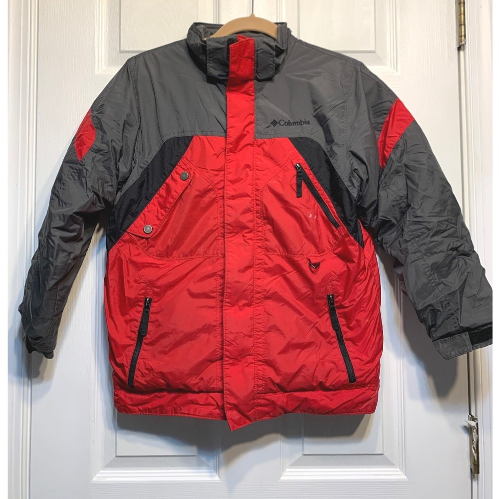 Columbia Puffer Jacket Youth 10/12 Red Grey Black Colorblock Insulated Coat